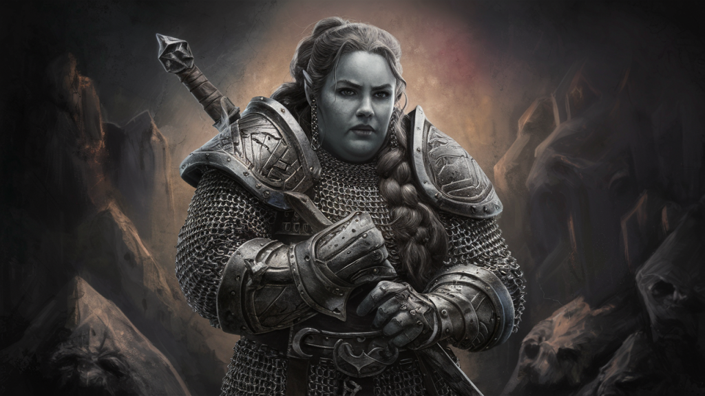 dwarven female warrior in chain mail armor