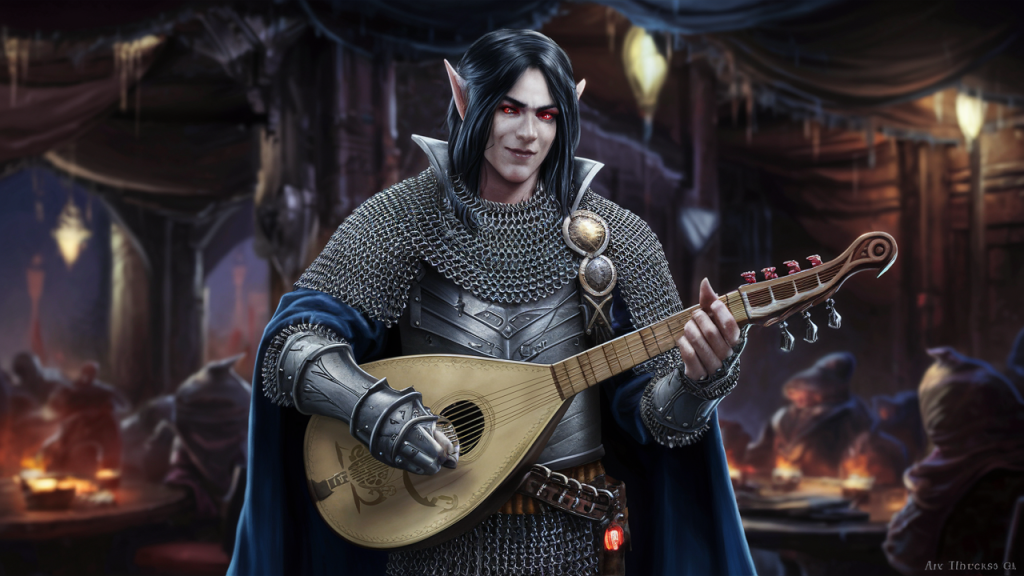 Myrthiir Dalael dark elf bard wearing drow chain mail